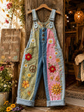 Women's Retro Style Art Print Washed Cotton Denim Patchwork Jumpsuit