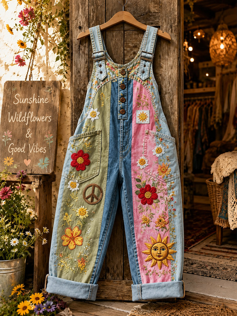 Women's Retro Style Art Print Washed Cotton Denim Patchwork Jumpsuit