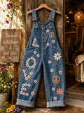 Women's Retro Style Art Print Washed Cotton Denim Patchwork Jumpsuit