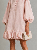 Pink Floral Button-Front Ruffled Puff-Sleeve Mini Dress