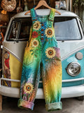 Women's Retro Style Art Print Washed Cotton Denim Patchwork Jumpsuit
