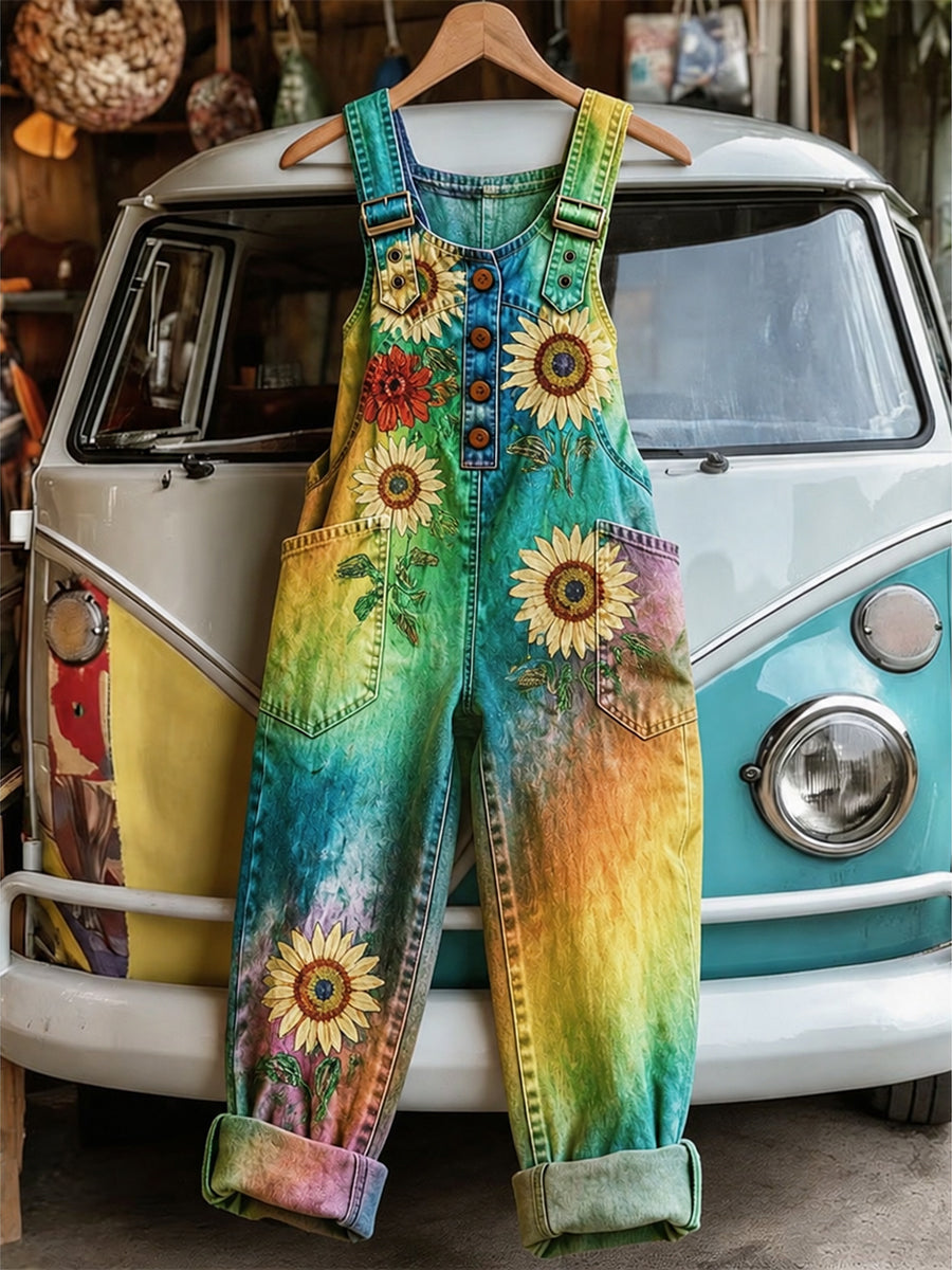 Women's Retro Style Art Print Washed Cotton Denim Patchwork Jumpsuit