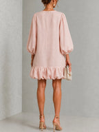 Pink Floral Button-Front Ruffled Puff-Sleeve Mini Dress