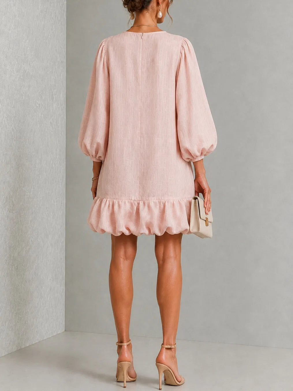 Pink Floral Button-Front Ruffled Puff-Sleeve Mini Dress