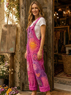 Women's Retro Style Art Print Washed Cotton Denim Patchwork Jumpsuit