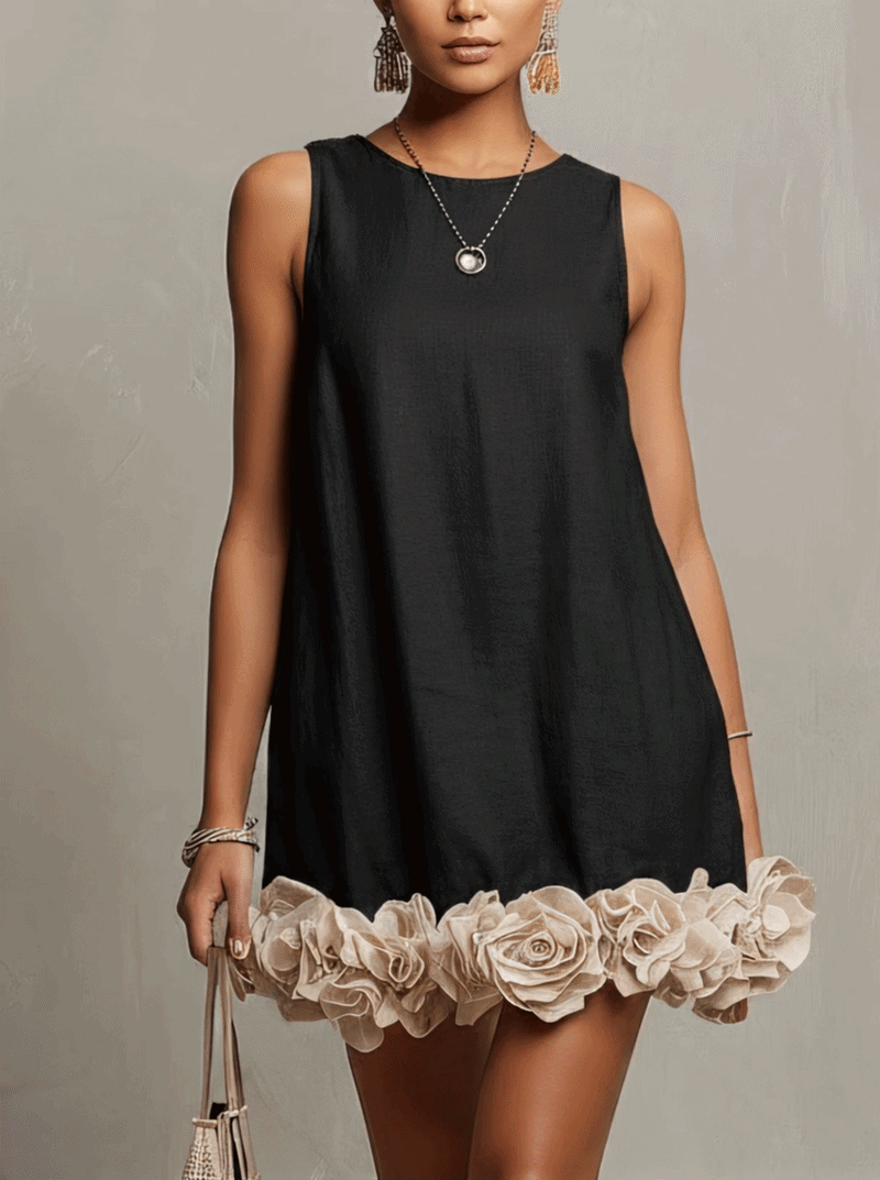 Black Cotton-Linen Mini Dress With 3D Floral Hem