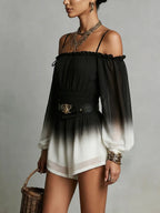 Black And White Gradient Off-shoulder Gradient Chiffon Jumpsuit(with belt)