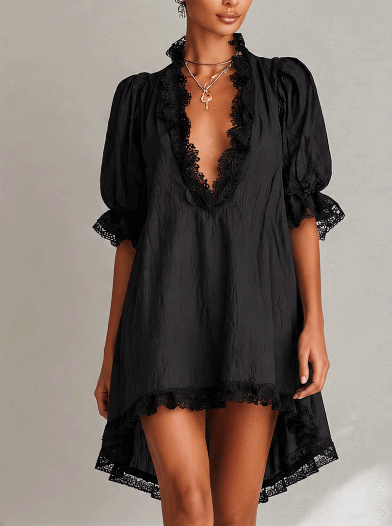 Lace Trim Puff Mini Dress