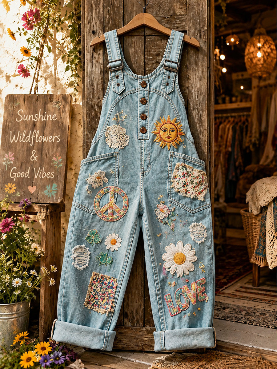 Women's Retro Style Art Print Washed Cotton Denim Patchwork Jumpsuit