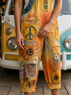 Women's Retro Style Art Print Washed Cotton Denim Patchwork Jumpsuit