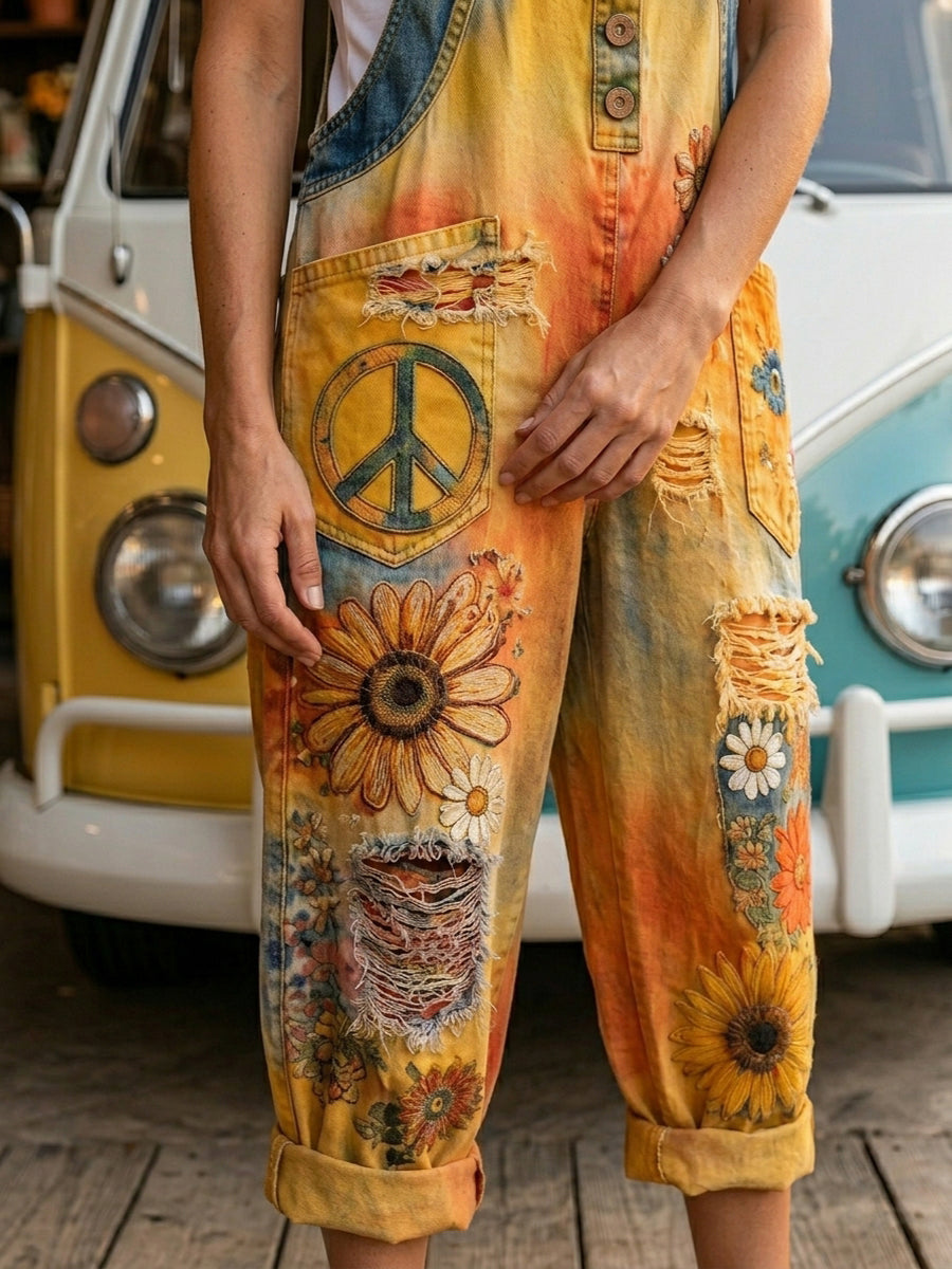 Women's Retro Style Art Print Washed Cotton Denim Patchwork Jumpsuit