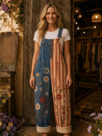 Women's Retro Style Art Print Denim Patchwork Jumpsuit