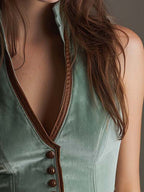 Sage Polyester velvet And Contrast Leather Trim Slim Fit Vest