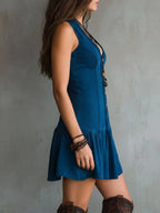 Bohemian Indigo V-Neck Button-Down Sleeveless Mini Dress