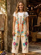Women's Retro Style Art Print Washed Cotton Denim Patchwork Jumpsuit