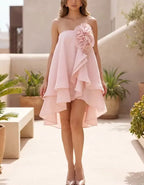 Pink Strapless 3D Flower High‐Low Ruffle Chiffon Mini Dress