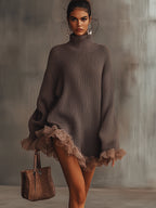 Brown Ruffled Hem Turtleneck Sweater Dress
