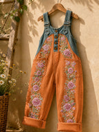 Women's Retro Style Art Print Washed Cotton Denim Patchwork Jumpsuit