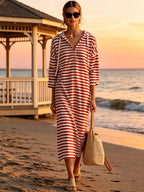 Striped Half-Zip Hooded Midi Dress