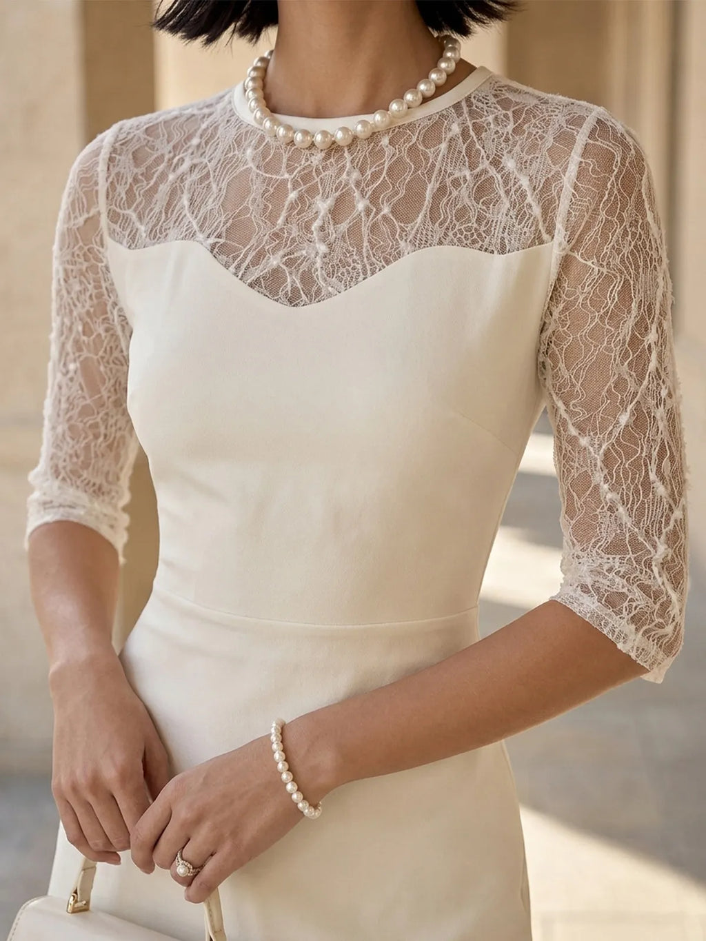 Ivory Sheer Lace Panel Split Hem Mini Dress