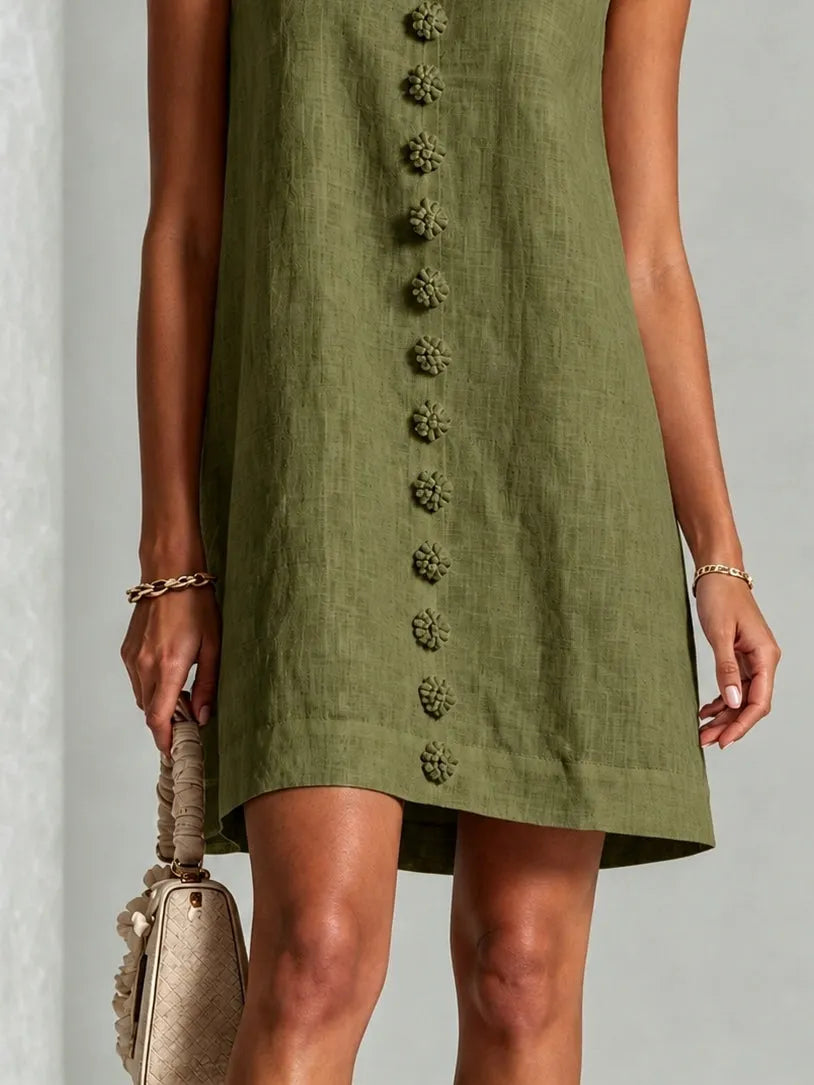 Olive Green Sleeveless Floral Button-front Mini Dress