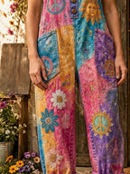 Women's Retro Style Art Print Washed Cotton Denim Patchwork Jumpsuit