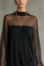 Sheer-Sleeve High-Neck Mini Dress