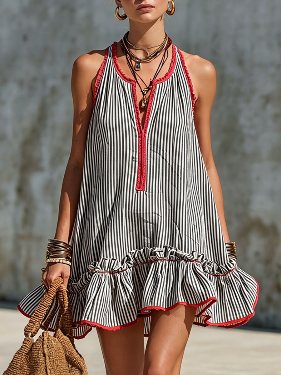 Retro Ruffle Stripe Mini Dress