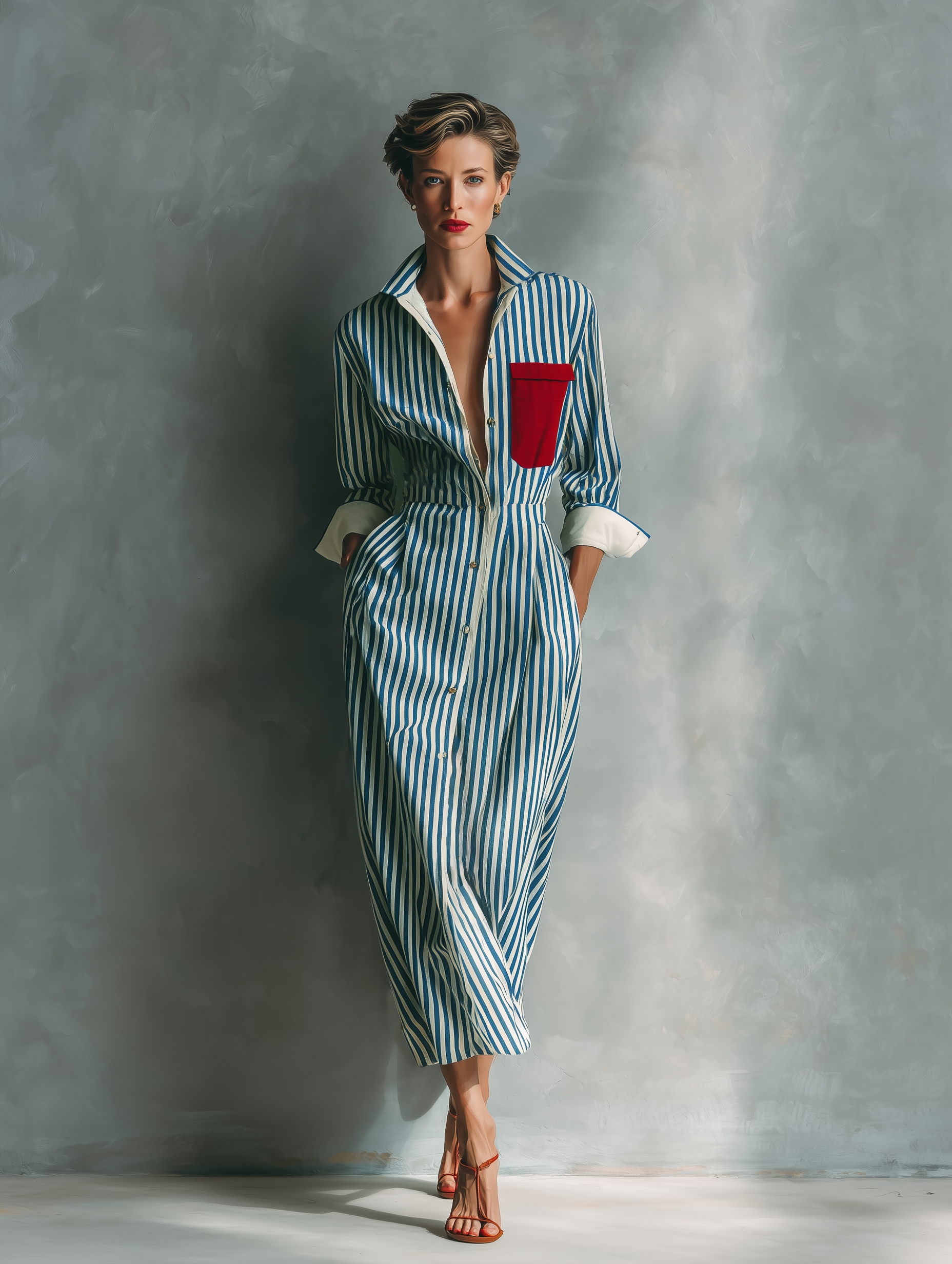 Blue And White Cotton Blend Striped Shirt Dress With Red Chest Pocket
