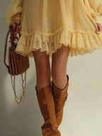 Lace Trim Cold-Shoulder Chiffon Mini Dress