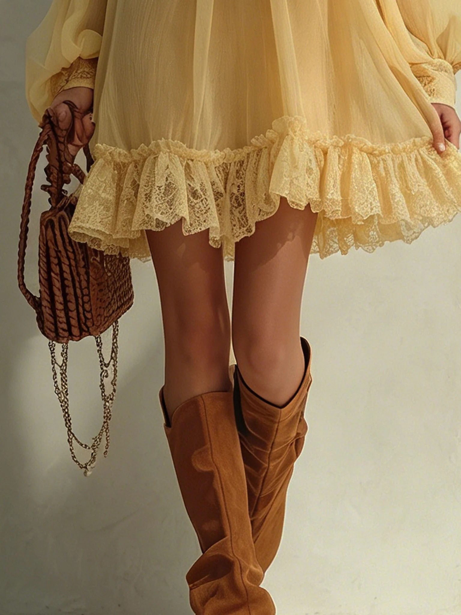 Lace Trim Cold-Shoulder Chiffon Mini Dress