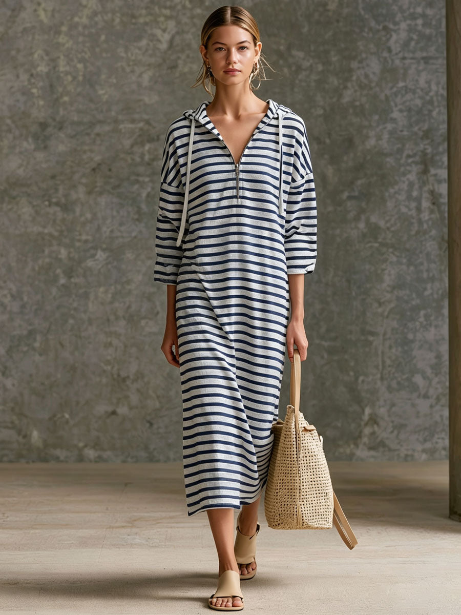 Striped Half-Zip Hooded Midi Dress