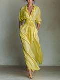 Lemon Yellow Cotton And Linen Blend Maxi Shirt Dress