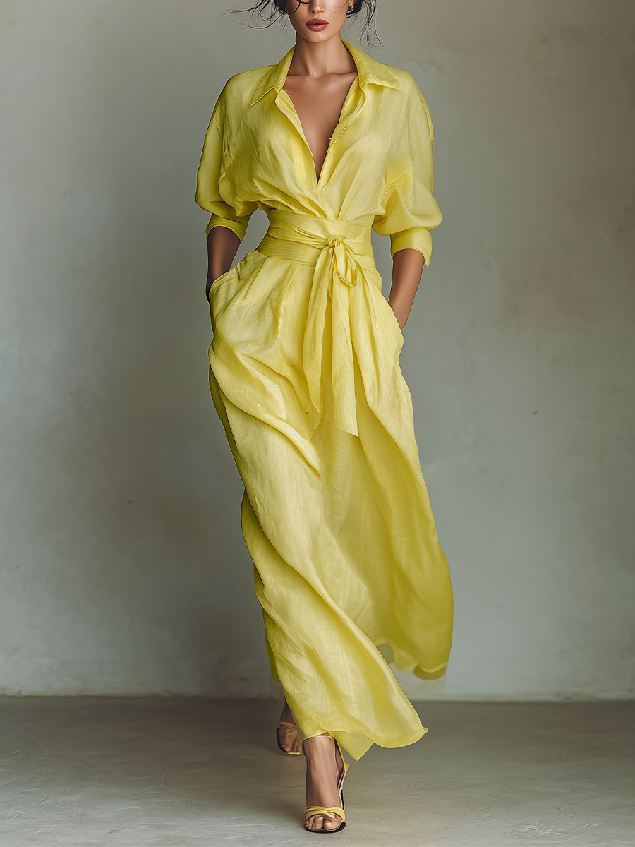 Lemon Yellow Cotton And Linen Blend Maxi Shirt Dress