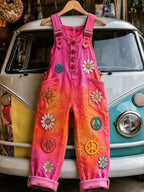 Women's Retro Style Art Print Washed Cotton Denim Patchwork Jumpsuit