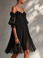 Black Off-Shoulder Chiffon Mini Dress with Lace Trim