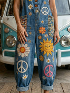 Women's Retro Style Art Print Washed Cotton Denim Patchwork Jumpsuit