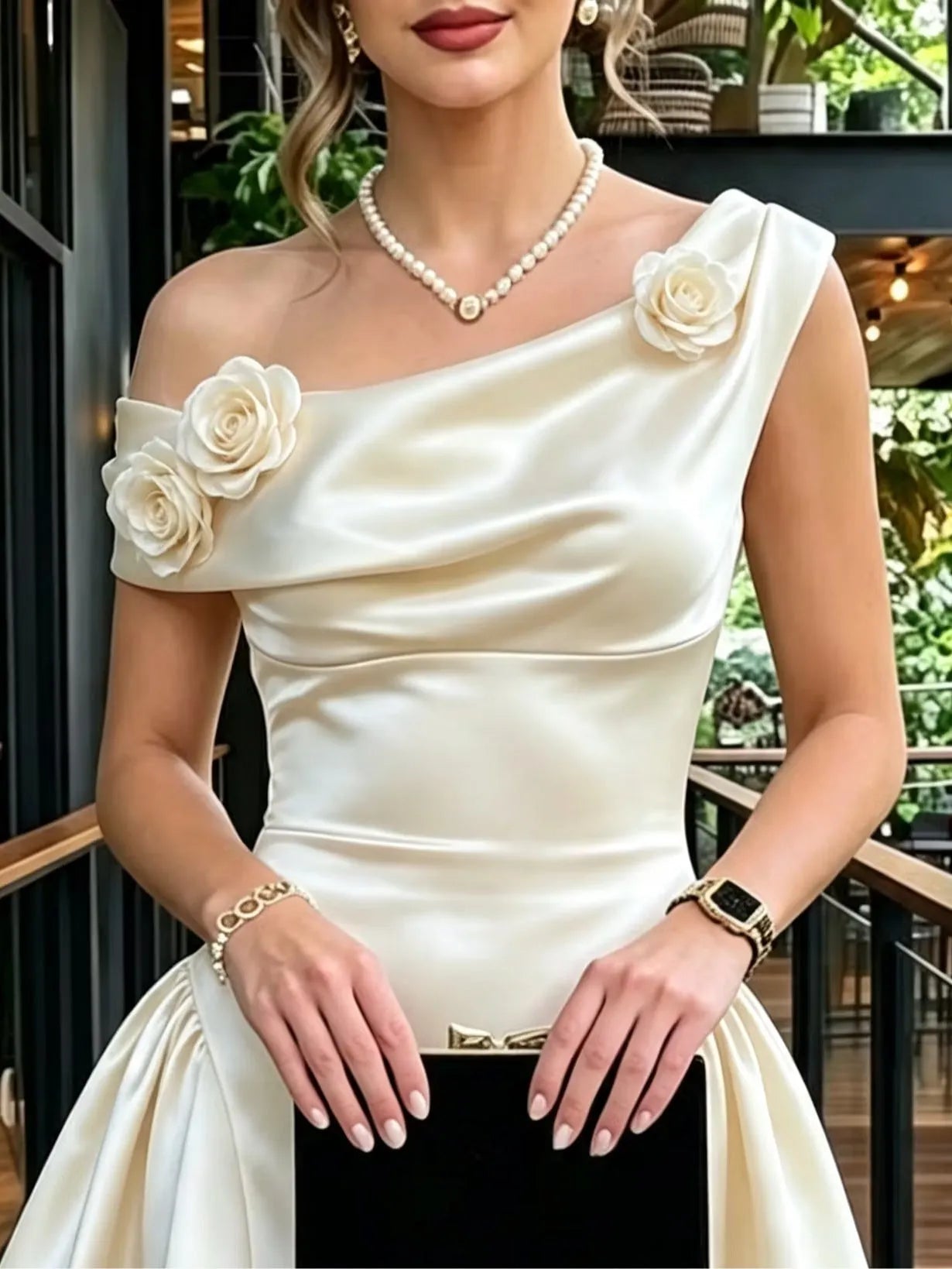 Asymmetrical Draped Shoulder 3D Floral Satin A‐Line Mini Dress