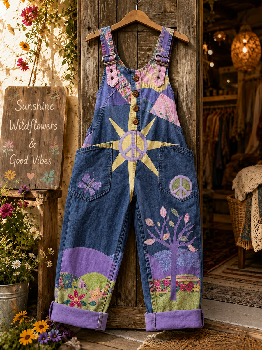 Women's Retro Style Art Print Washed Cotton Denim Patchwork Jumpsuit