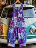 Women's Retro Style Art Print Washed Cotton Denim Patchwork Jumpsuit
