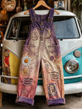 Women's Retro Style Art Print Washed Cotton Denim Patchwork Jumpsuit