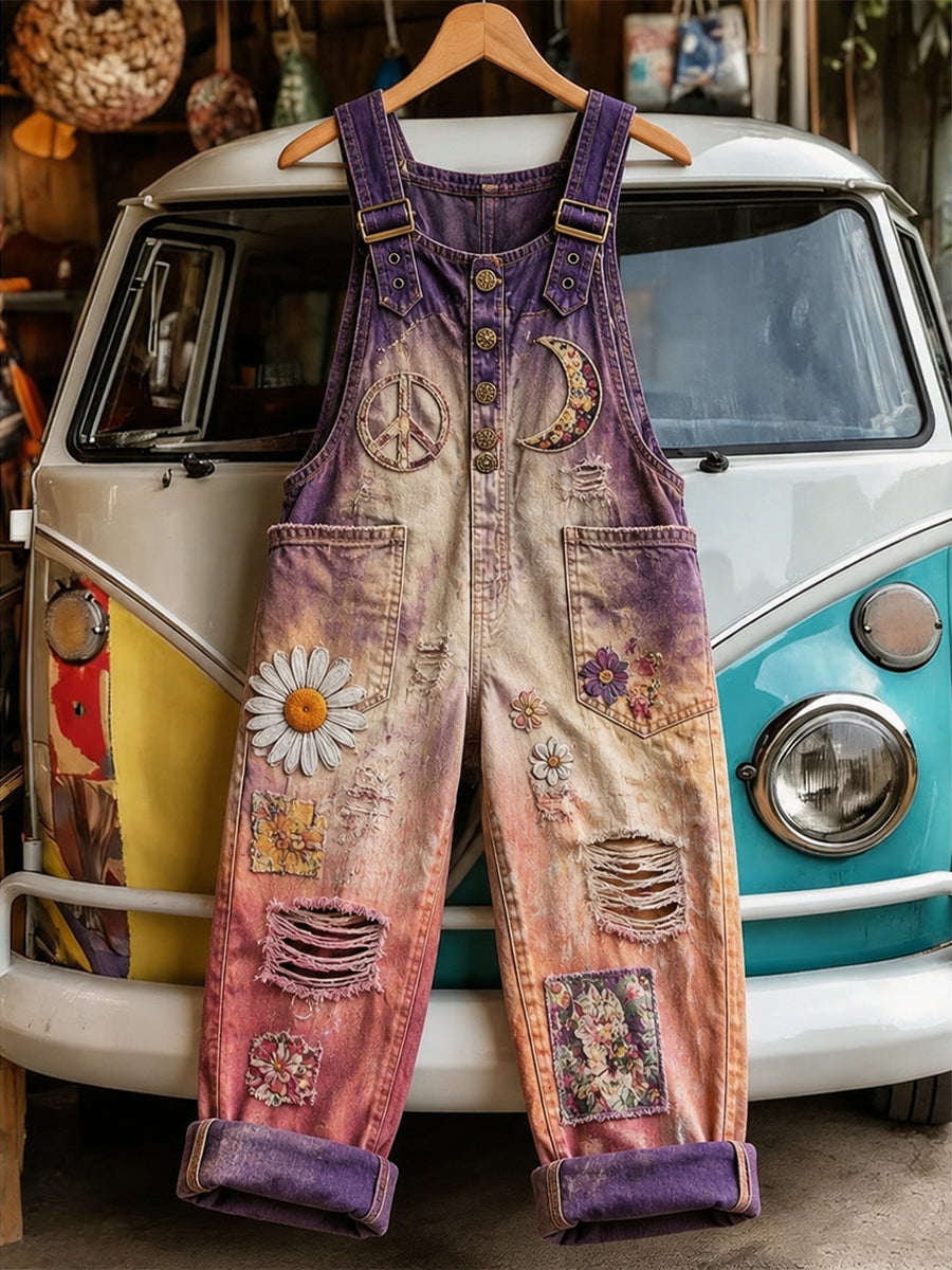 Women's Retro Style Art Print Washed Cotton Denim Patchwork Jumpsuit