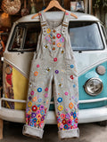 Women's Retro Style Art Print Washed Cotton Denim Patchwork Jumpsuit