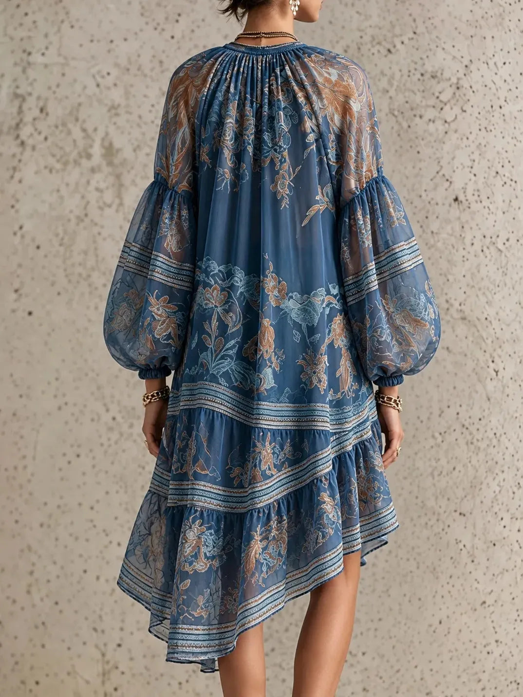 Vintage elegant printed long-sleeve loose mini dress