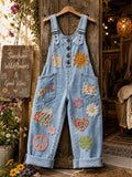 Women's Retro Style Art Print Washed Cotton Denim Patchwork Jumpsuit