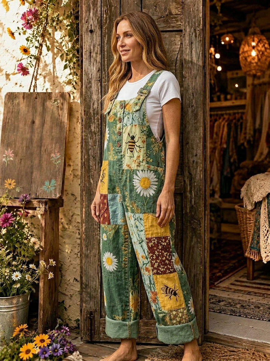 Women's Retro Style Art Print Washed Cotton Denim Patchwork Jumpsuit