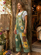 Women's Retro Style Art Print Washed Cotton Denim Patchwork Jumpsuit