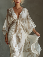 Twist Front & Palm Leaf Print Chiffon Dolman Sleeve Maxi Dress