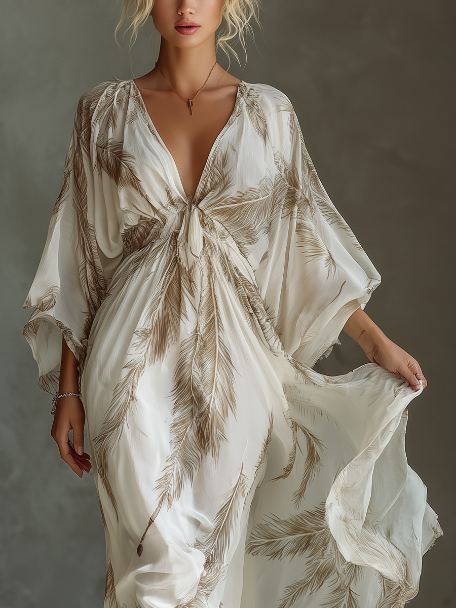 Twist Front & Palm Leaf Print Chiffon Dolman Sleeve Maxi Dress