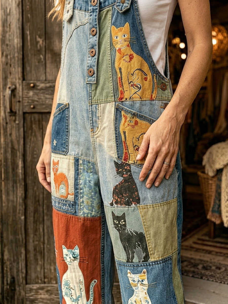 Women's Retro Style Art Print Washed Cotton Denim Patchwork Jumpsuit